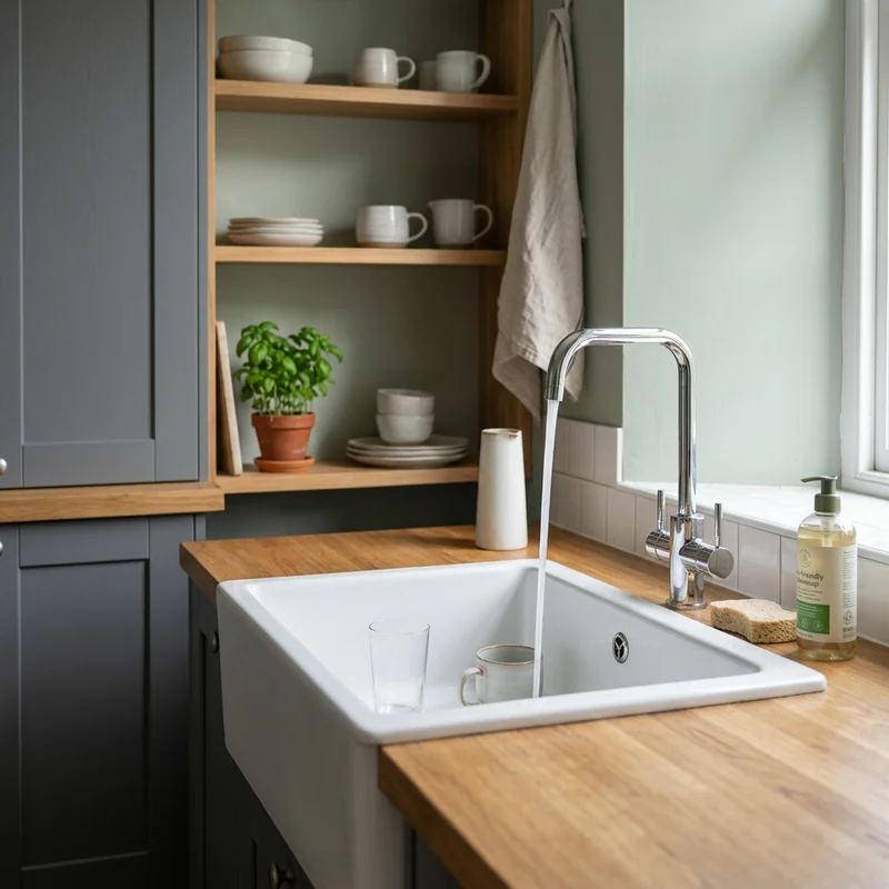 Water running from a modern chrome tap into a white Belfast sink in a stylish kitchen with wooden worktops.