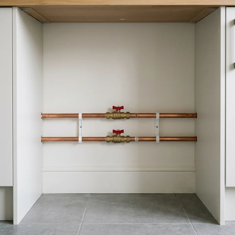 Copper hot and cold water pipes with brass valves and red handles mounted on a white wall in a cabinet.