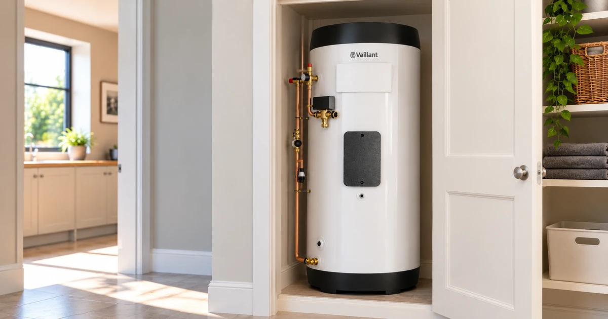 White Vaillant unvented hot water cylinder with copper pipework, in an open cupboard in a contemporary Edinburgh home.