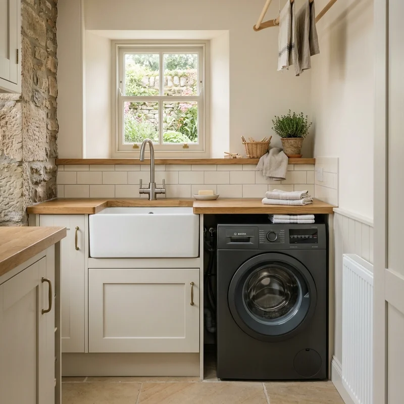 Utility room with white Belfast sink, wooden worktops, and integrated grey Bosch washing machine.