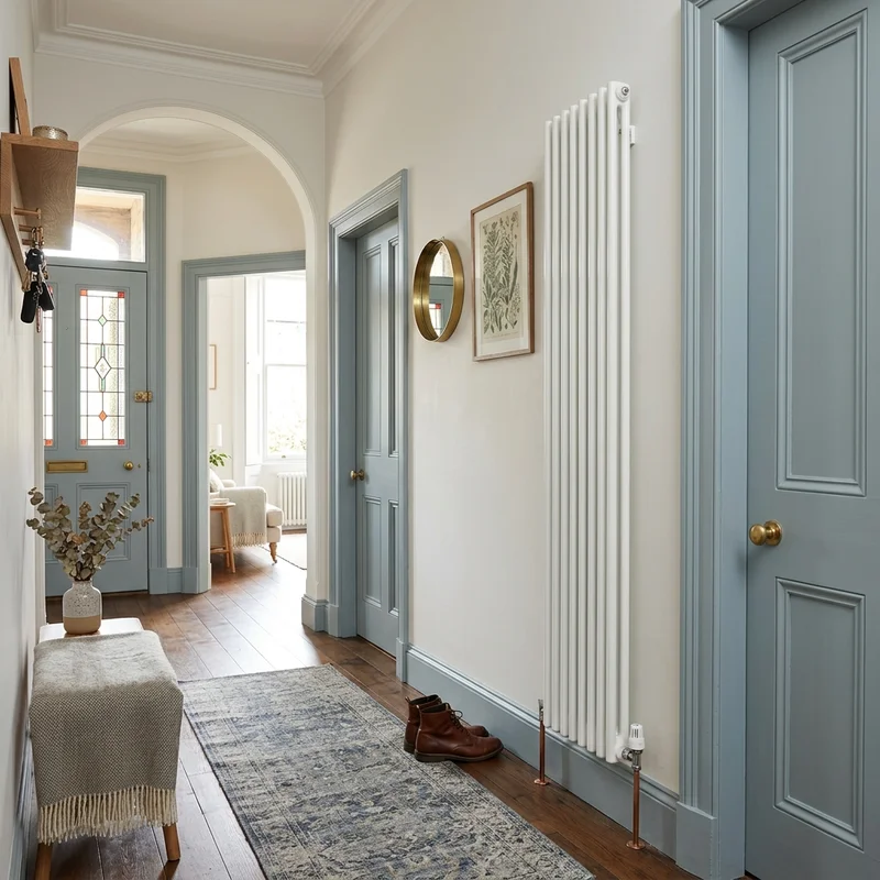 A white vertical radiator with copper pipes and a thermostat fitted in a hallway featuring blue-grey doors and skirting.
