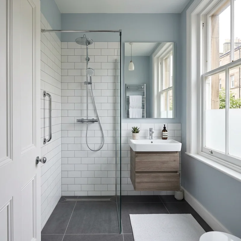 Walk-in shower with white subway tiles, grey floor, blue-grey walls, and a wooden vanity unit.