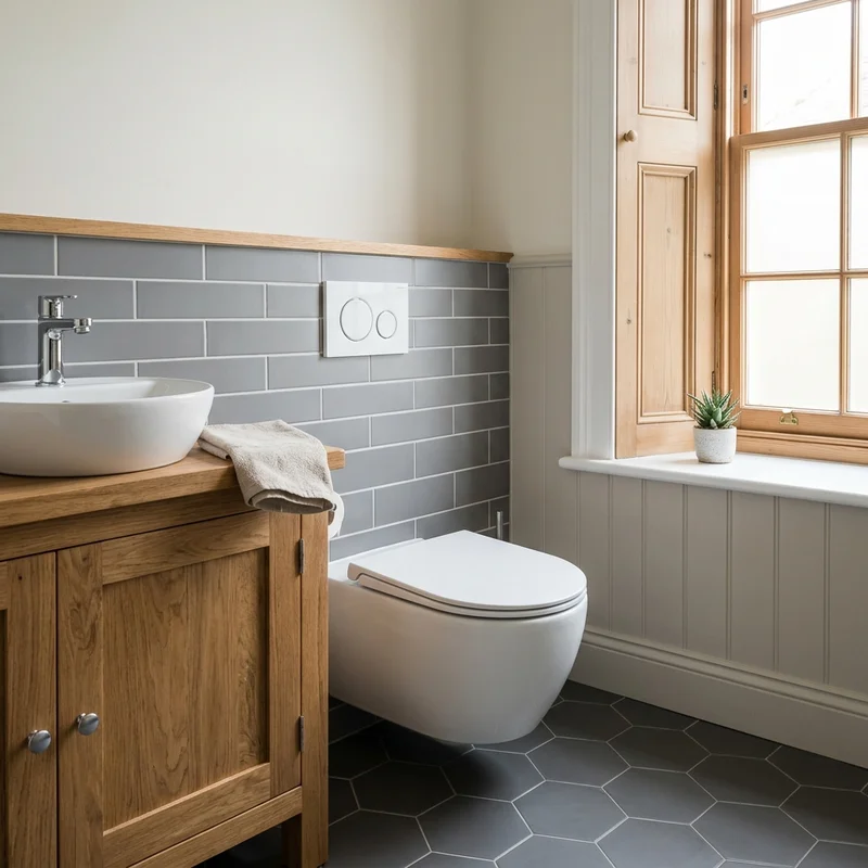 Modern bathroom with a wall-mounted toilet, wooden vanity, grey subway wall tiles, and dark hexagonal floor tiles.