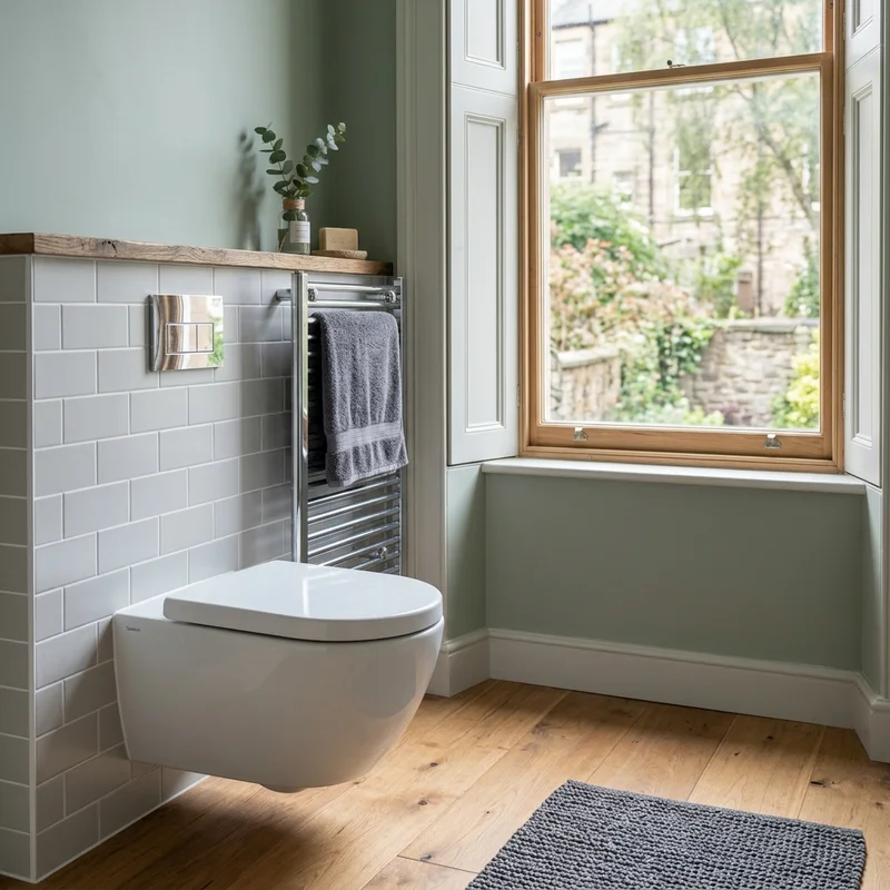 Bathroom with wall-hung toilet, grey metro tiles, chrome heated towel rail, and a wooden sash window.