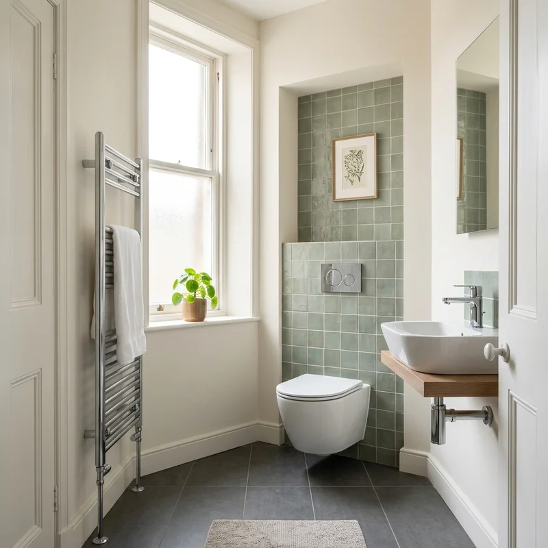 Clean bathroom with a wall-mounted toilet, floating basin, and chrome heated towel rail.