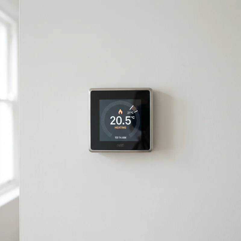 Nest smart thermostat displaying 20.5°C and active heating, mounted on a white wall near a window.