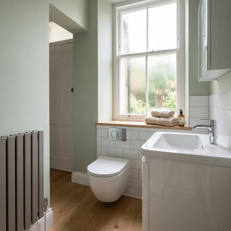 Modern bathroom with a wall-mounted toilet, sink, vertical grey radiator, and light green walls.