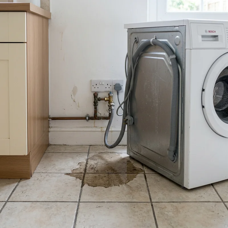 Leaking washing machine with dirty water pooling on pale tiled floor, near wall-mounted pipes and electrics.