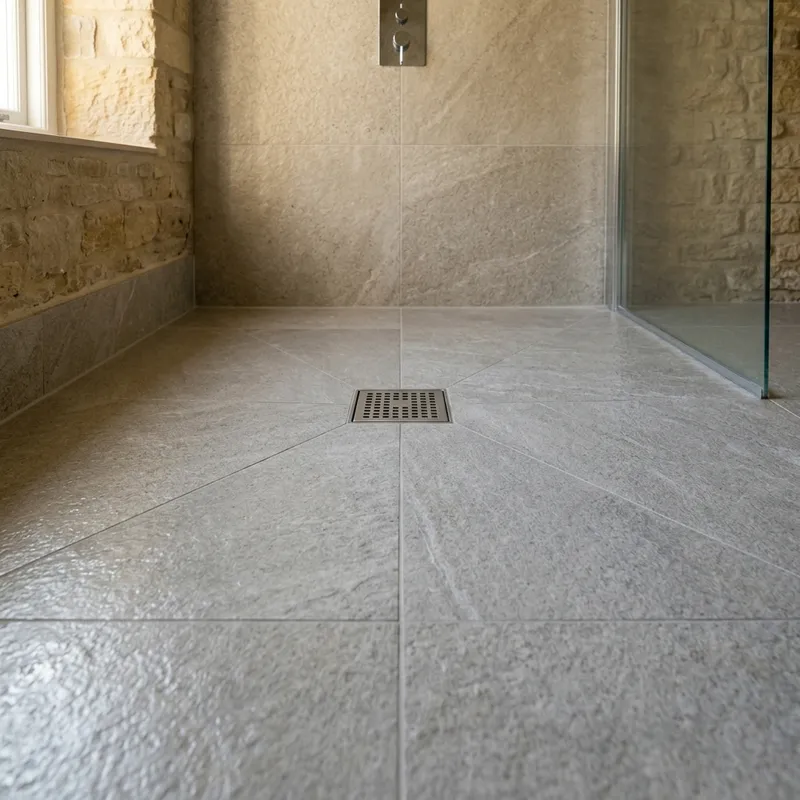 Recent wet room installation in East Lothian: grey textured floor tiles sloped to a central drain, shower & screen.