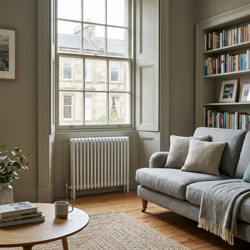 A newly installed white column radiator below a large sash window in a traditional living room with a grey sofa.